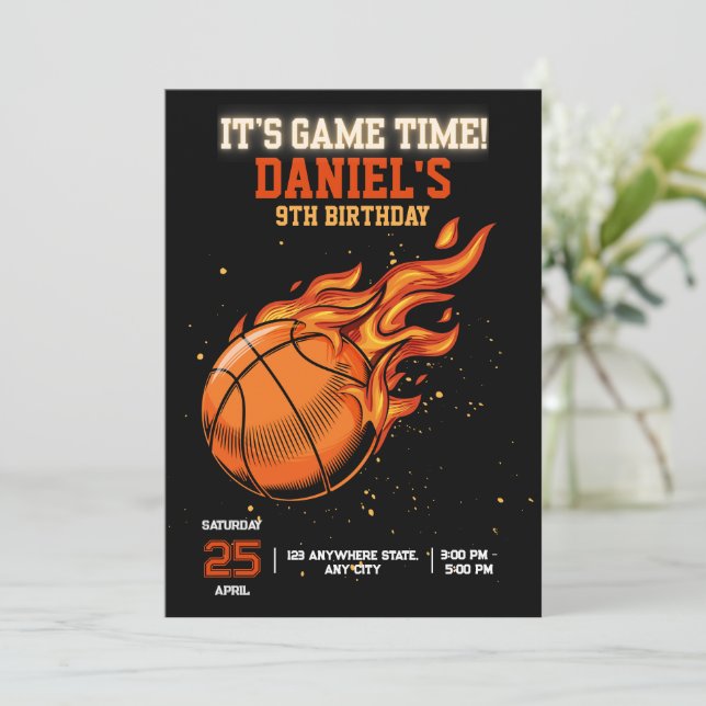 Convite de Aniversário de Basquetebol Editável Bas (Em pé/Frente)