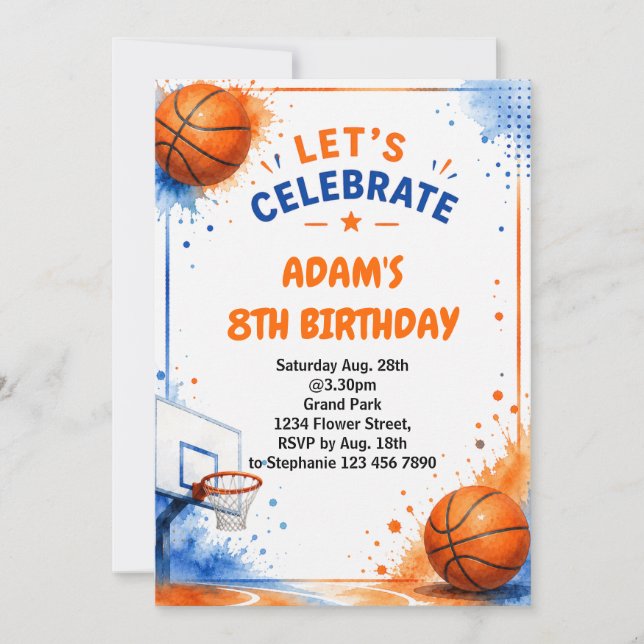 Convite de Aniversário de Basquetebol em Aquarela (Frente)