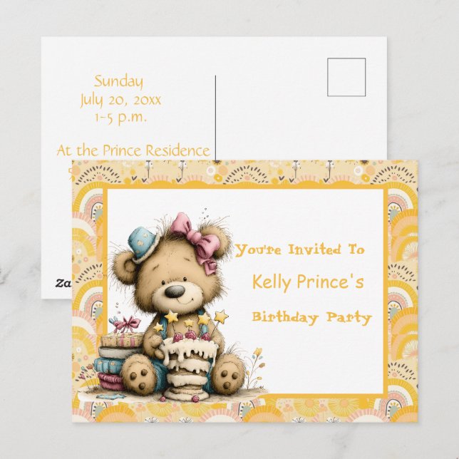 Convite de Aniversário de Bebê Menino Urso de Pelú (Frente/Verso)