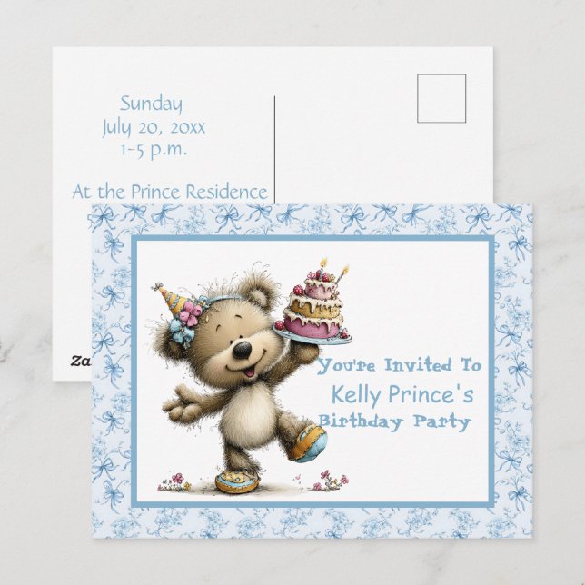 Convite de Aniversário de Bebê Menino Urso de Pelú (Frente/Verso)