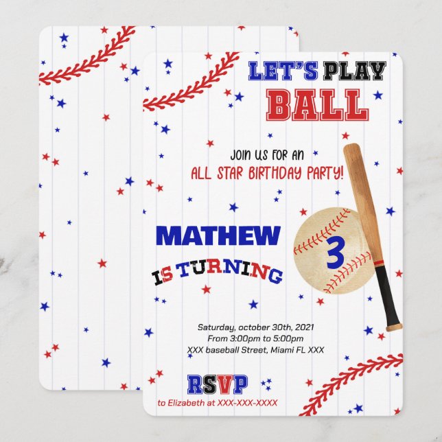Convite de Aniversário de Beisebol (Frente/Verso)
