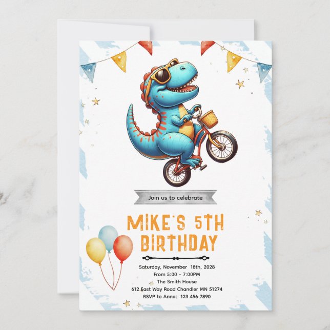 Convite de Aniversário de Bicicleta de Dinossauro (Frente)