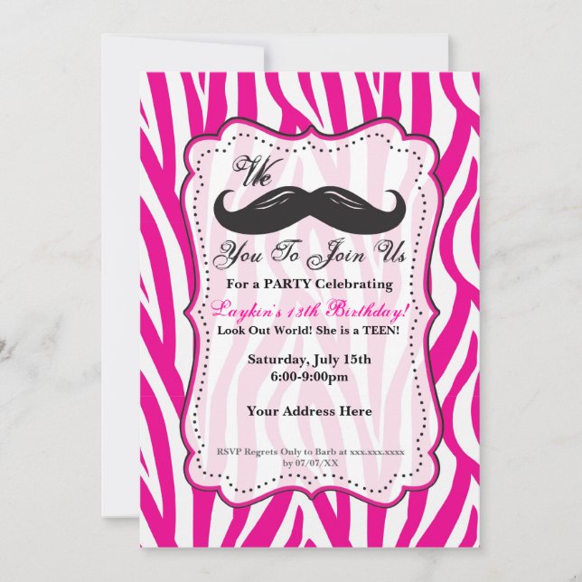 Convite de aniversário de bigode Zebra rosa! (Frente)