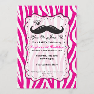 Convite de aniversário de bigode Zebra rosa!