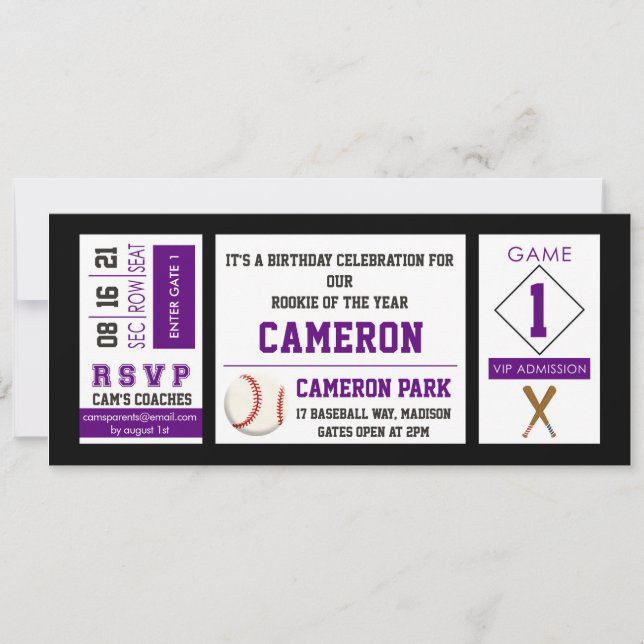 Convite de aniversário de Bilhete de Beisebol Roxo (Frente)