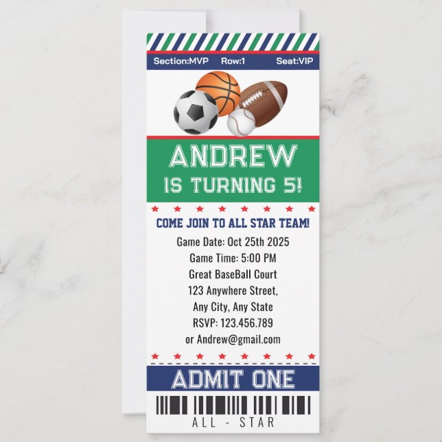 Convite de Aniversário de Bilhete de Esporte para  (Frente)