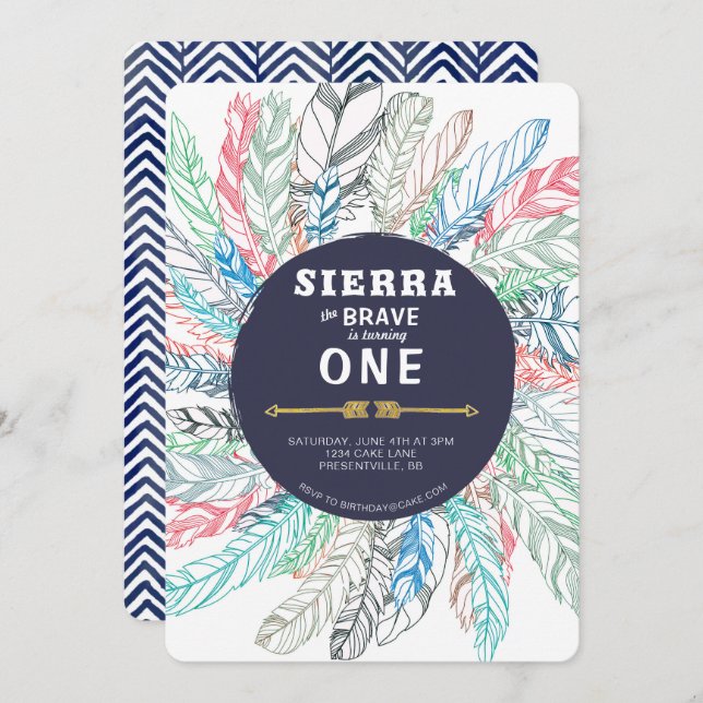Convite De Aniversário De Boho Brave Feather (Frente/Verso)