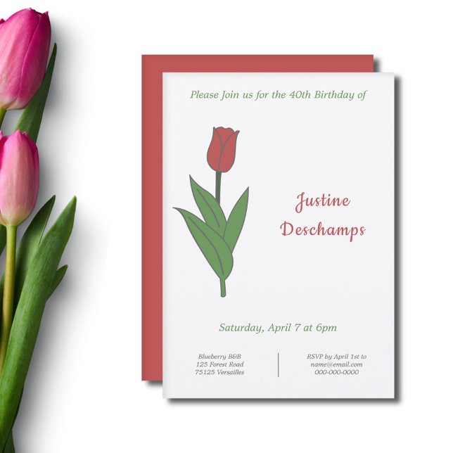 Convite De Aniversário De Boi Red Tulip (Botanical Red Tulip Birthday Invitation)