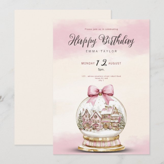 convite de aniversário de bola de neve rosa (Frente/Verso)