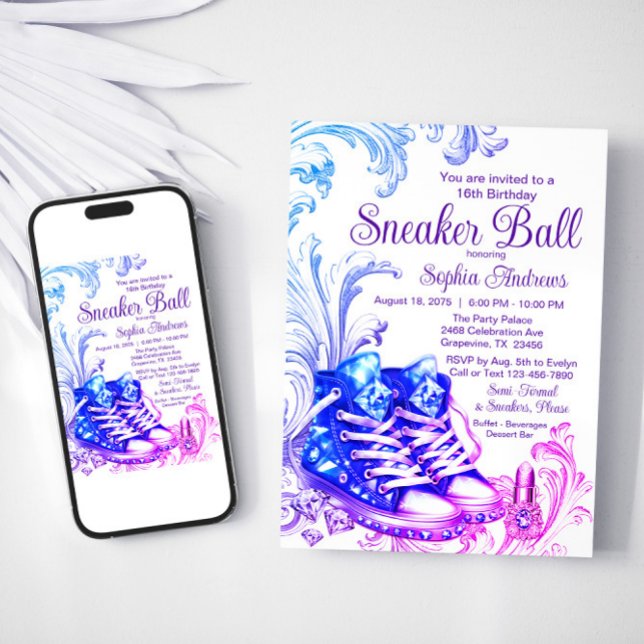 Convite de aniversário de Bola do Sneaker de Teto  (Purple teal sneaker ball invitation with bling sneakers. Avaialble for Print and Instant Download.)