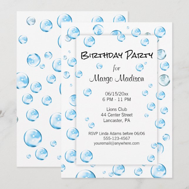 Convite de aniversário de bolhas (Frente/Verso)
