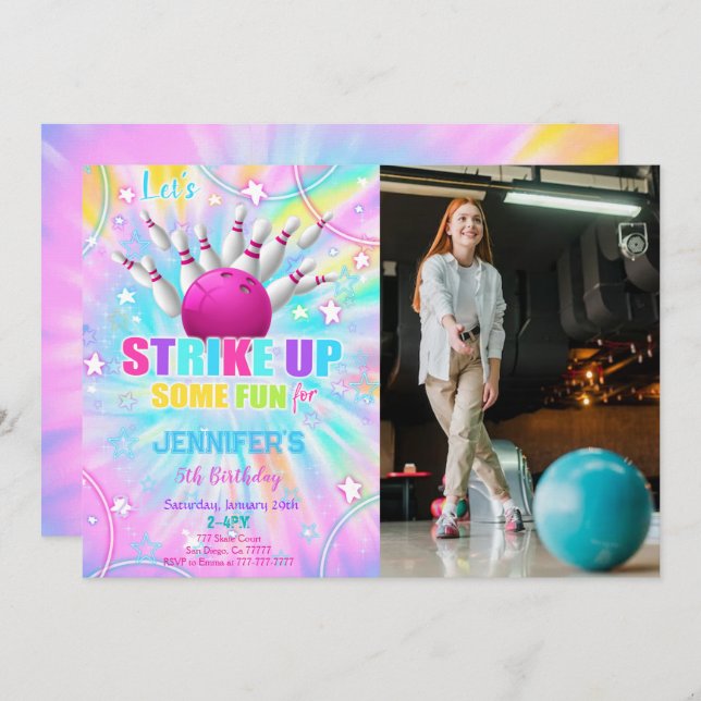 Convite de aniversário de boliche com foto editáve (Frente/Verso)