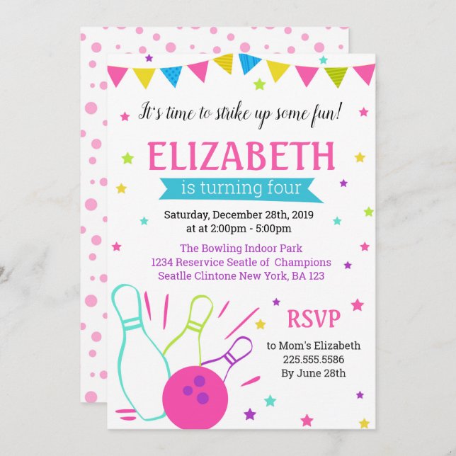 Convite de aniversário de Boliche para menina (Frente/Verso)