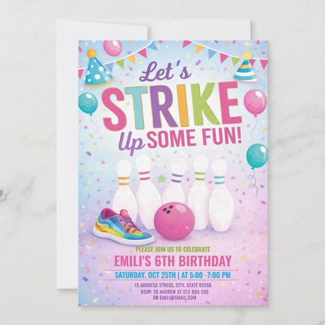 Convite de Aniversário de Boliche Personalizado pa (Frente)