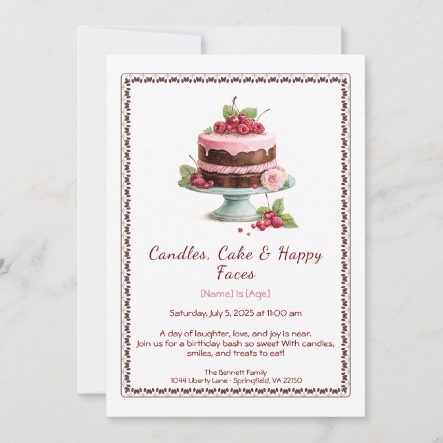 Convite de Aniversário de Bolo de Chocolate – Aqua (Frente)