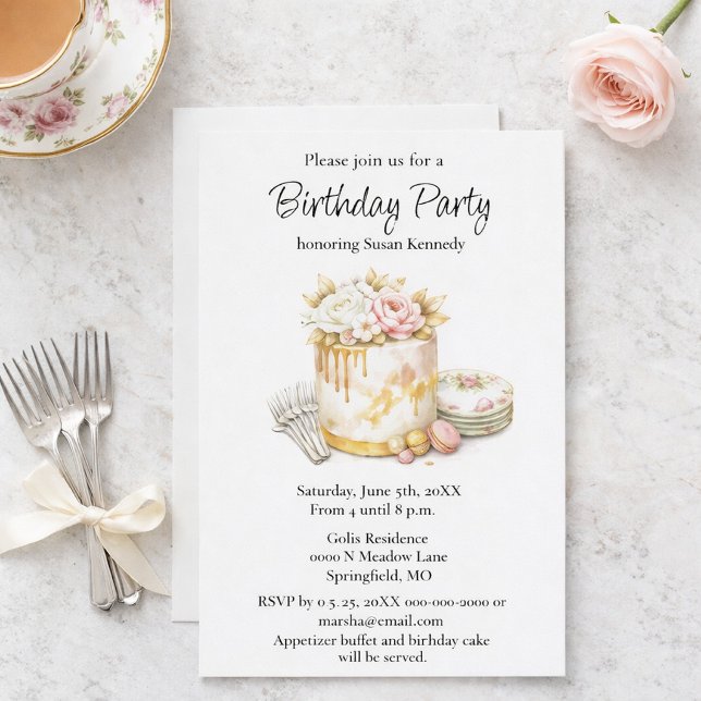 Convite de Aniversário de Bolo de Festa com Aquare (Elegant watercolor birthday invitation with gold drip cake, floral china, perfect for parties.)