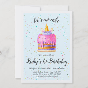 Convite de Aniversário de Bolo de Unicórnio em Aqu