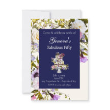 Convite de Aniversário de Bolo Floral Creme e Azul