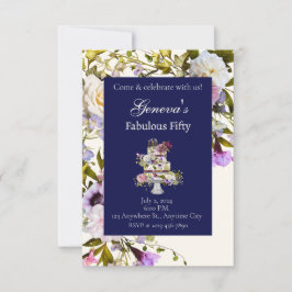 Convite de Aniversário de Bolo Floral Creme e Azul