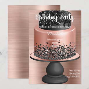 CONVITE DE ANIVERSÁRIO DE BOLO NEGRO rosa DOURADO 