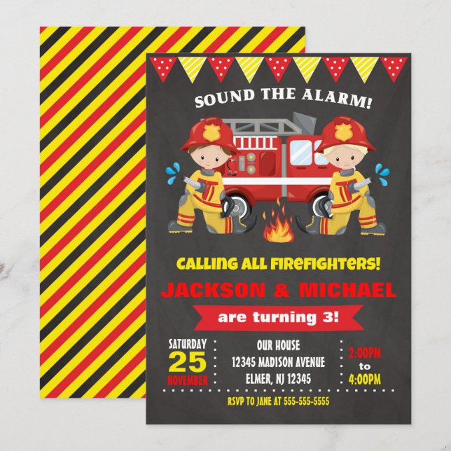 Convite de Aniversário de Bombeiro Quadro de Giz C (Frente/Verso)
