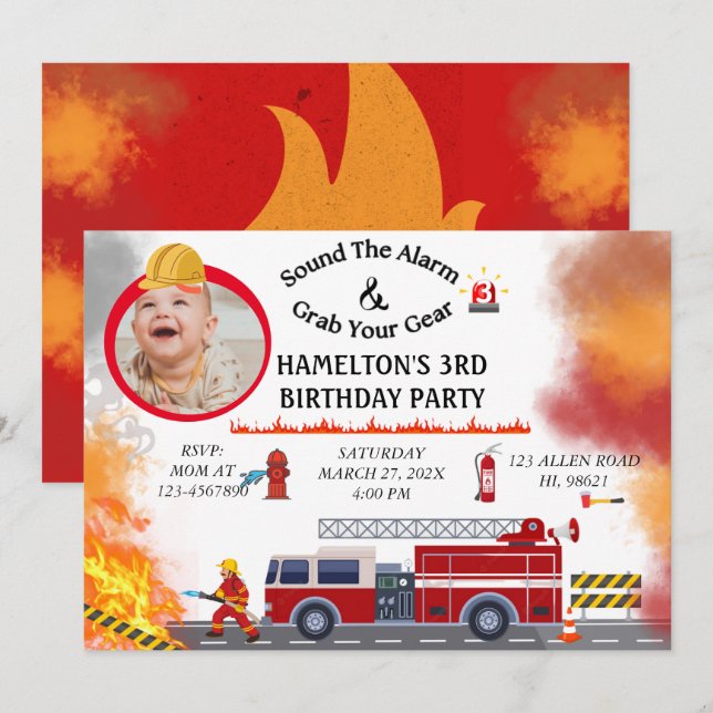Convite de aniversário de Bombeiros do Caminhão de (Frente/Verso)