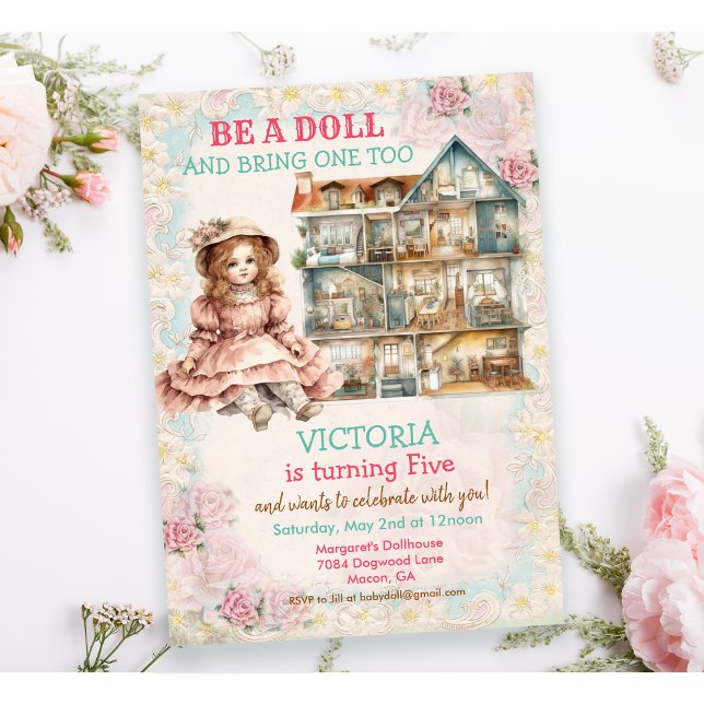 Convite de Aniversário de Boneca de Bebê Antiga -  (Criador carregado)