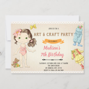 Convite de aniversário de boneca de papel de vint