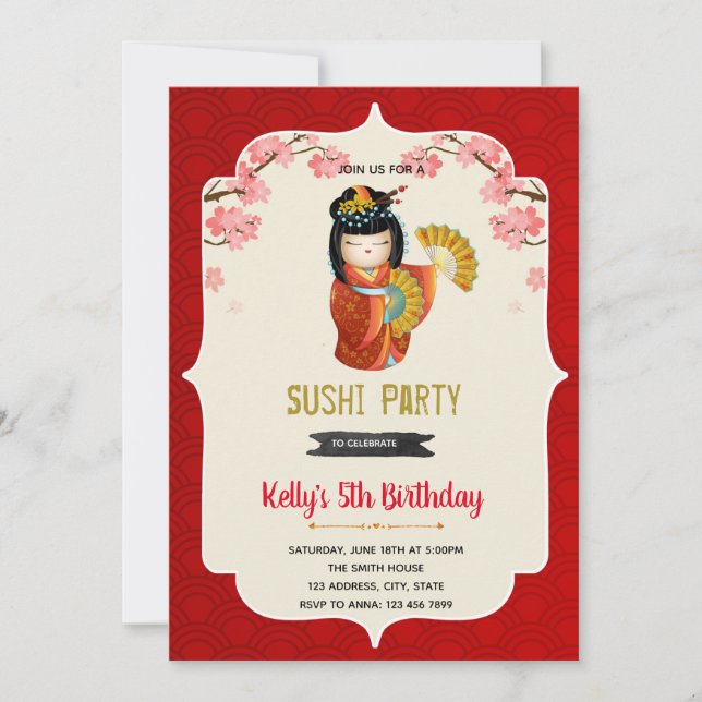 Convite de aniversário de boneca Kokeshi (Frente)
