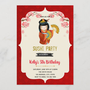 Convite de aniversário de boneca Kokeshi