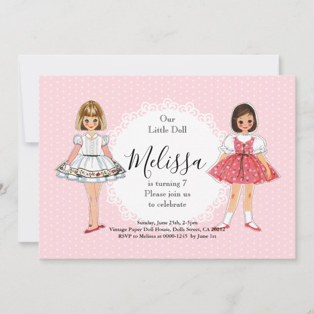 Convite de Aniversário de Bonecas de Papel Antigas (Frente)