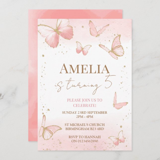 Convite de aniversário de borboleta (Frente/Verso)