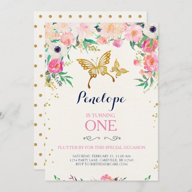 Convite de aniversário de borboleta (Frente/Verso)