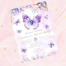 Convite de aniversário de borboleta editável roxo