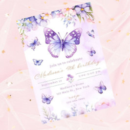 Convite de aniversário de borboleta editável roxo