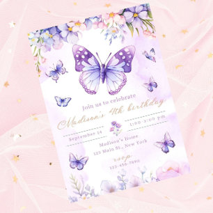 Convite de aniversário de borboleta editável roxo