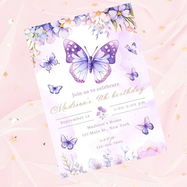 Convite de aniversário de borboleta editável roxo (Criador carregado)