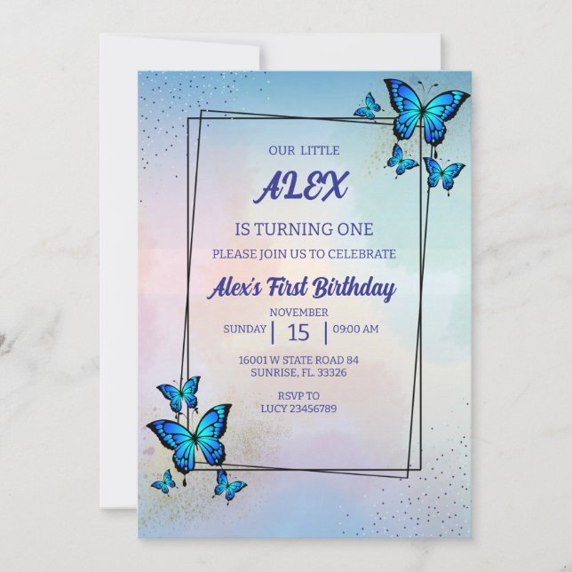 Convite de aniversário de Borboletas Azul (Frente)