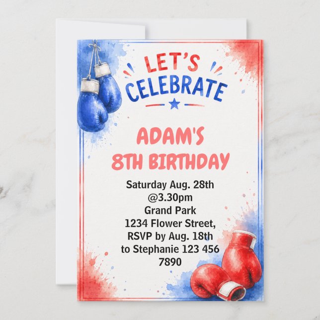 Convite de Aniversário de Boxe Aquarela (Frente)