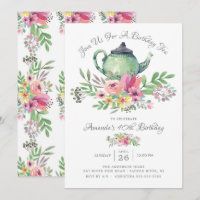 Convite de aniversário de bule floral de aquarela