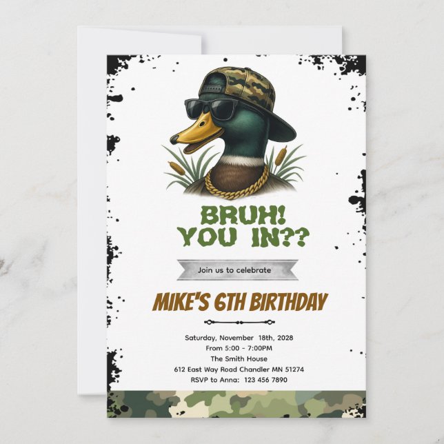 convite de aniversário de caça ao pato Bruh (Frente)