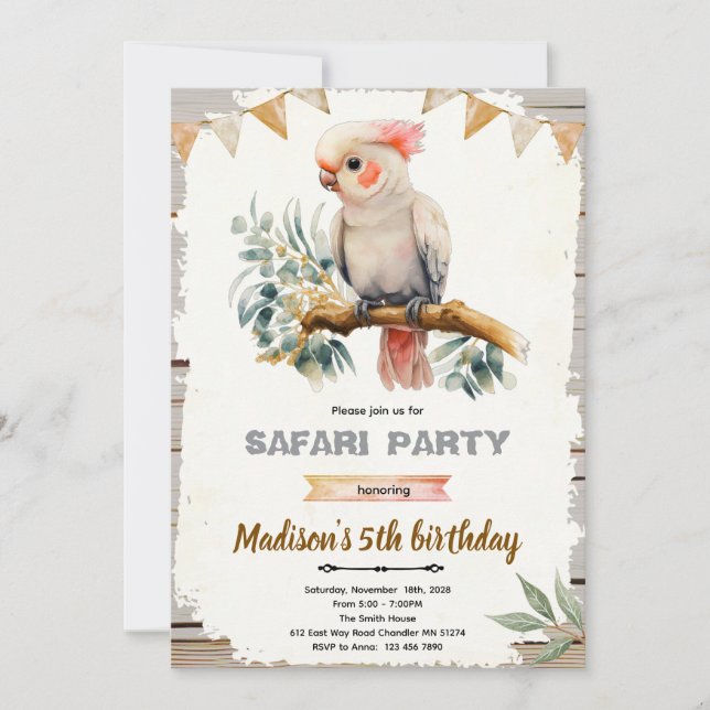 convite de aniversário de cacatua (Frente)