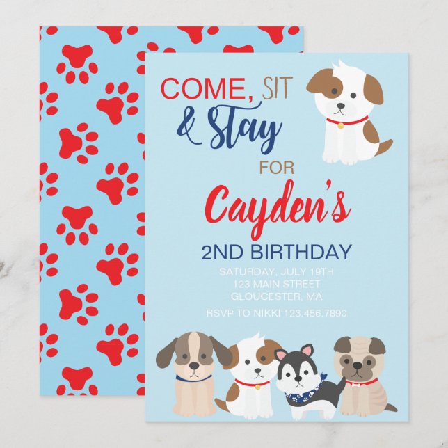 convite de aniversário de cachorrinho Azul Vermelh (Frente/Verso)