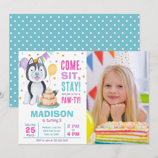 Convite de Aniversário de Cachorrinho com Foto Men (Frente/Verso)