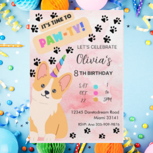 Convite de Aniversário de Cachorrinho Corgi Fofo