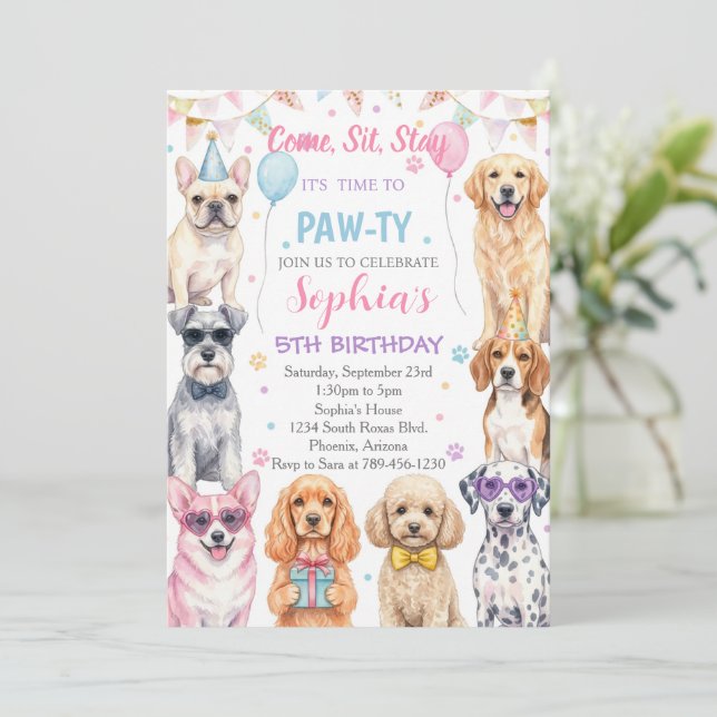 Convite de Aniversário de Cachorrinho Festa de Cac (Em pé/Frente)