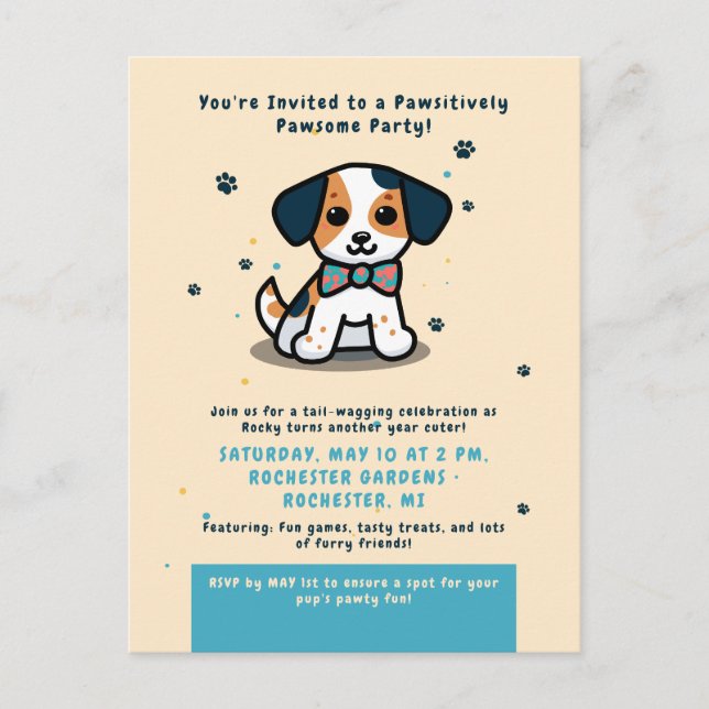 Convite de aniversário de cachorrinho Kawaii (Frente)