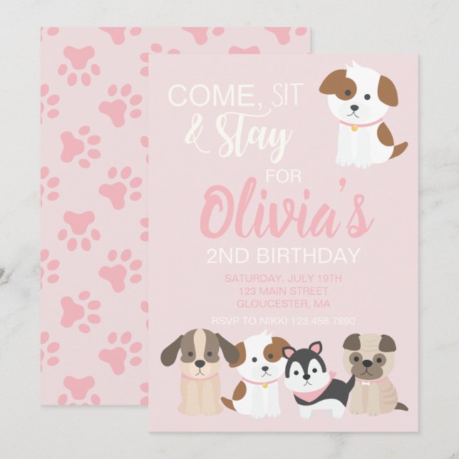 Convite de aniversário de cachorrinho Rosa (Frente/Verso)