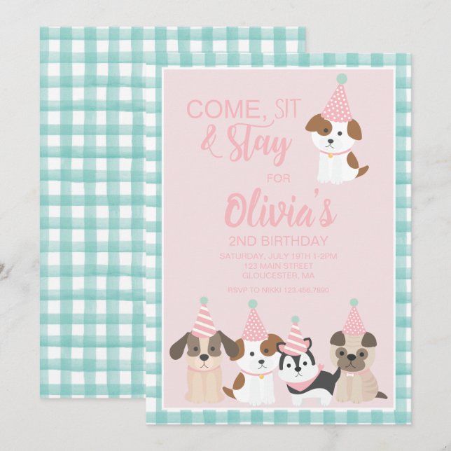 Convite de aniversário de cachorrinho rosa (Frente/Verso)