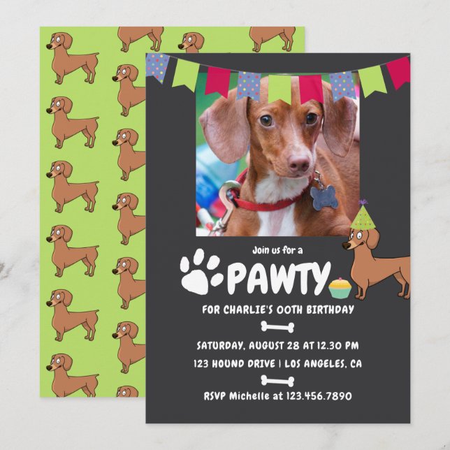 Convite de aniversário de cachorro Dachshund (Frente/Verso)